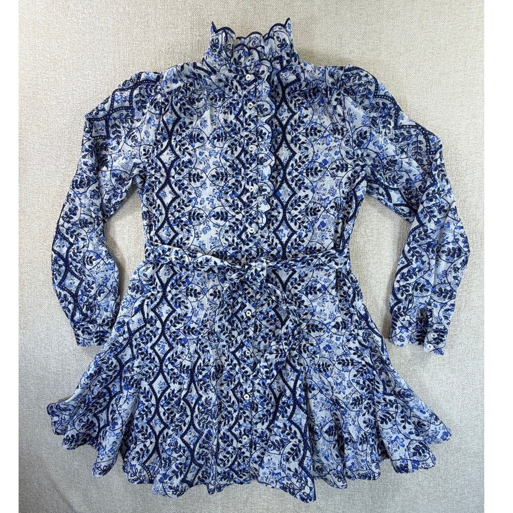 Sezane Women M Blue Marly Mini Dress Floral Belted Ruffle Collar Cottagecore